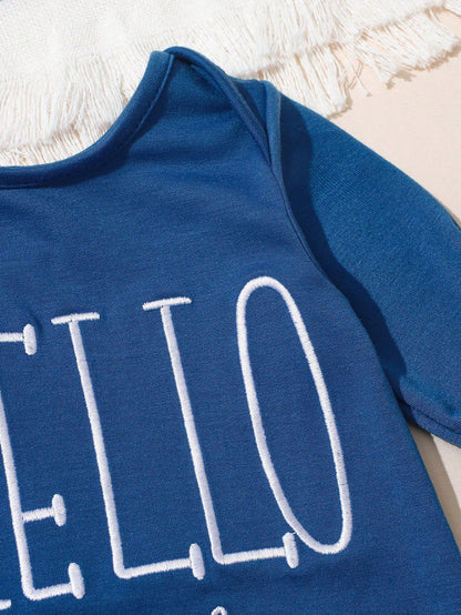 2Pcs Set Newborn Boy Photography Outfits Slate Blue Dusty Blue Little Brother Embroidery Baby Coming Home Outfit Baby Shower Gift Infant Photo Props