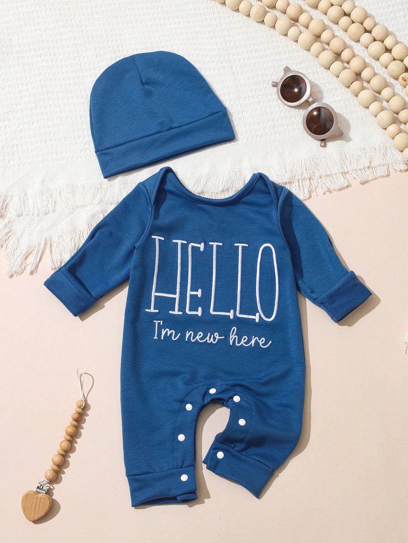 2Pcs Set Newborn Boy Photography Outfits Slate Blue Dusty Blue Little Brother Embroidery Baby Coming Home Outfit Baby Shower Gift Infant Photo Props