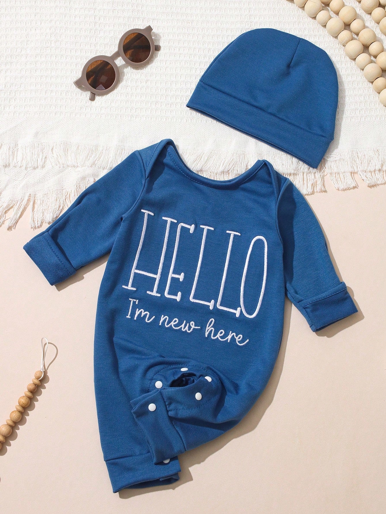 2Pcs Set Newborn Boy Photography Outfits Slate Blue Dusty Blue Little Brother Embroidery Baby Coming Home Outfit Baby Shower Gift Infant Photo Props