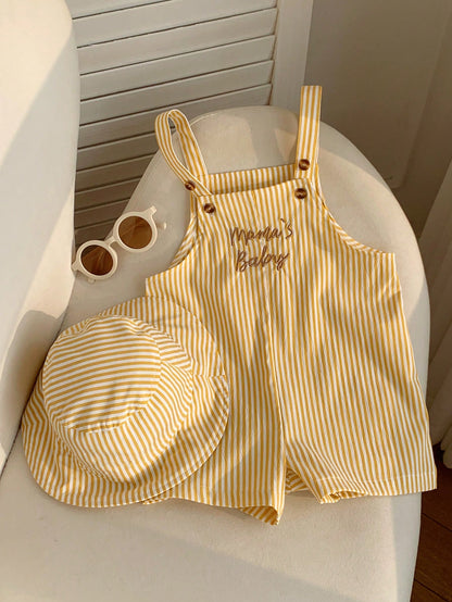 2pcs/Set Unisex Baby Clothes, Baby Boy Baby Girl Summer Casual Cute Yellow Plaid Overalls And Yellow Plaid Bucket Hat, Overalls Set, Plaid Set, Cute Overalls