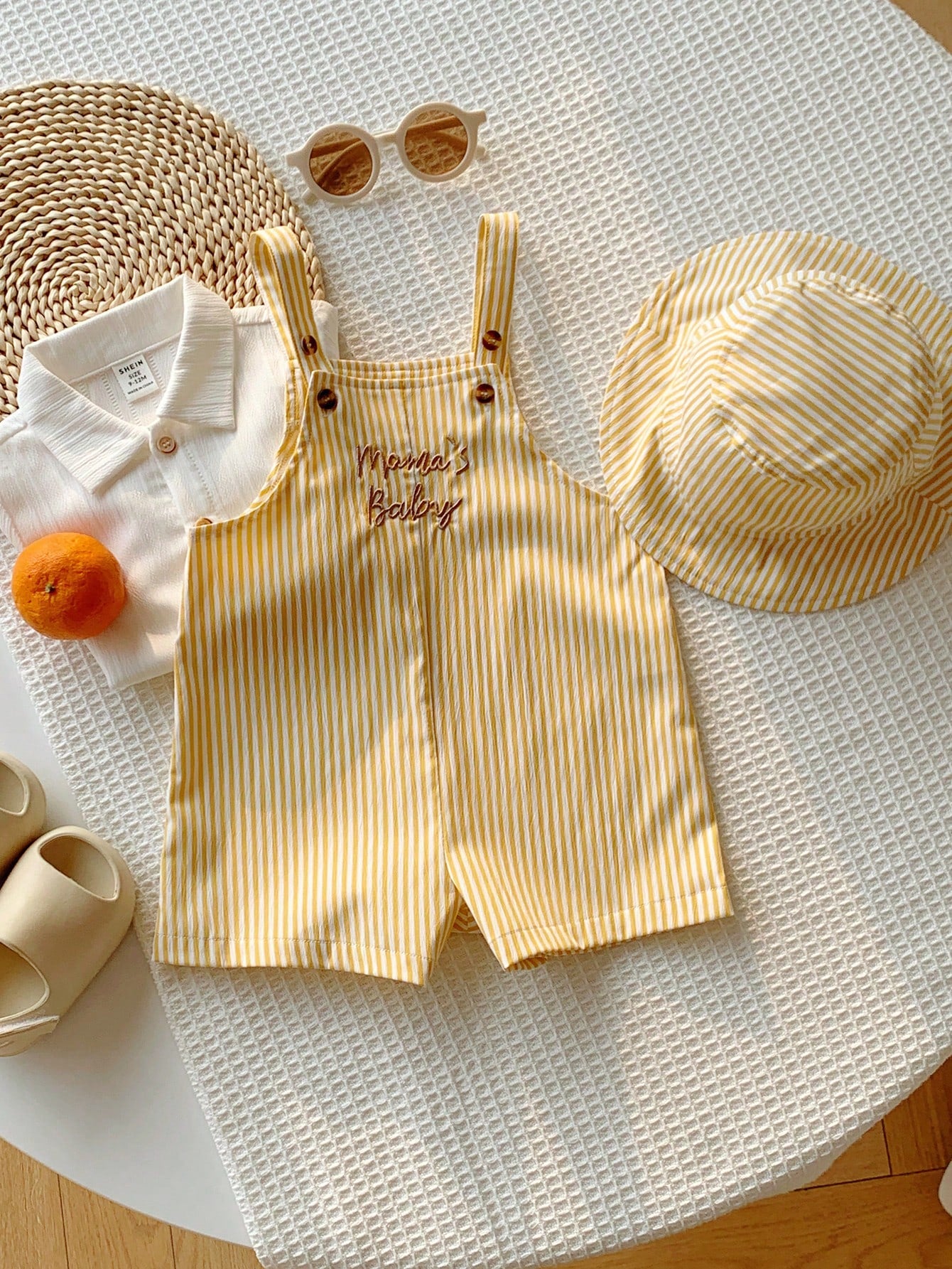 2pcs/Set Unisex Baby Clothes, Baby Boy Baby Girl Summer Casual Cute Yellow Plaid Overalls And Yellow Plaid Bucket Hat, Overalls Set, Plaid Set, Cute Overalls