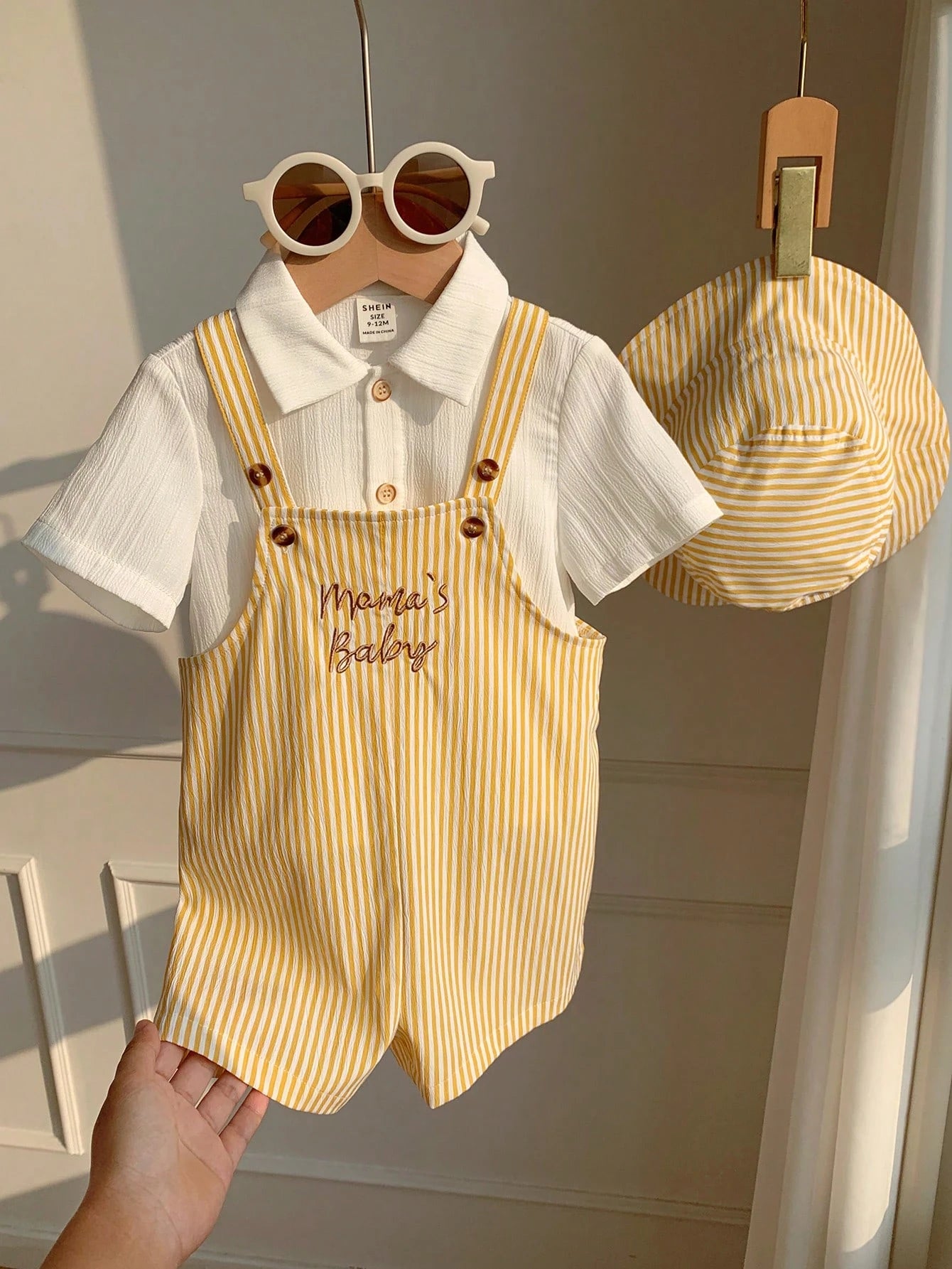 2pcs/Set Unisex Baby Clothes, Baby Boy Baby Girl Summer Casual Cute Yellow Plaid Overalls And Yellow Plaid Bucket Hat, Overalls Set, Plaid Set, Cute Overalls