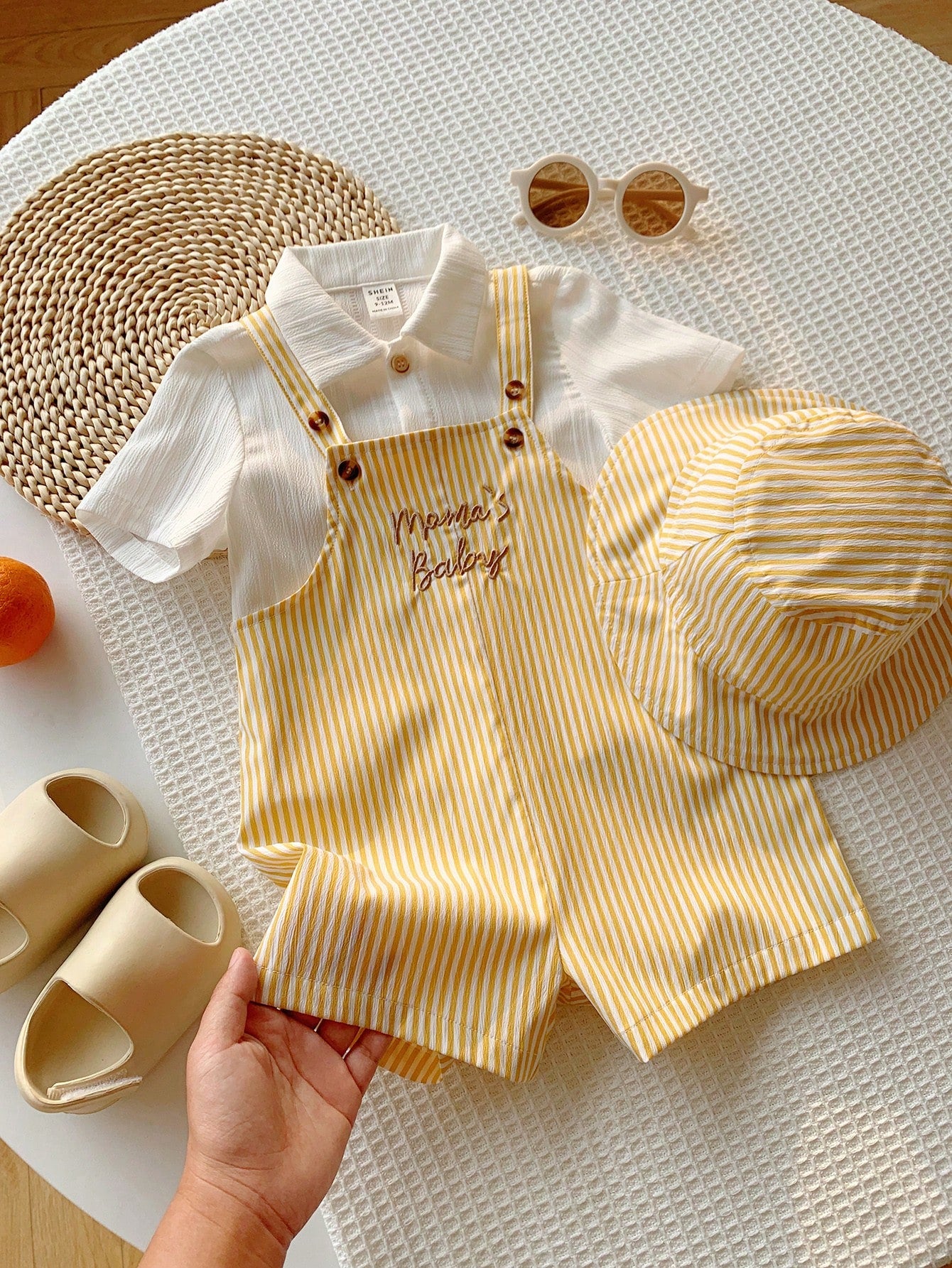 2pcs/Set Unisex Baby Clothes, Baby Boy Baby Girl Summer Casual Cute Yellow Plaid Overalls And Yellow Plaid Bucket Hat, Overalls Set, Plaid Set, Cute Overalls