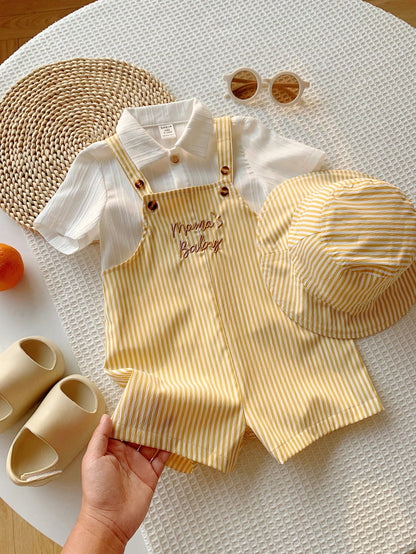 2pcs/Set Unisex Baby Clothes, Baby Boy Baby Girl Summer Casual Cute Yellow Plaid Overalls And Yellow Plaid Bucket Hat, Overalls Set, Plaid Set, Cute Overalls