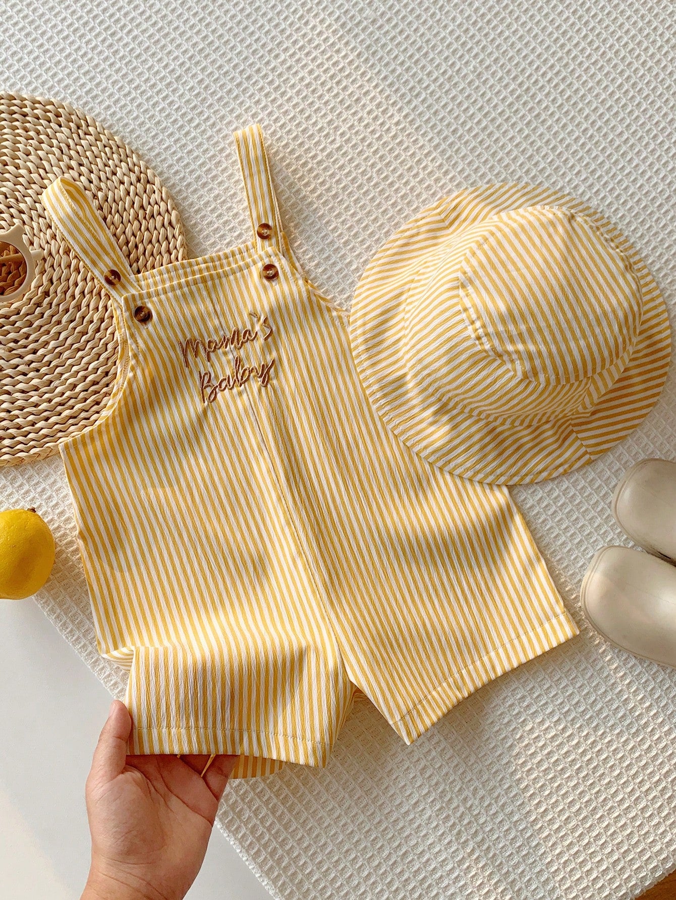 2pcs/Set Unisex Baby Clothes, Baby Boy Baby Girl Summer Casual Cute Yellow Plaid Overalls And Yellow Plaid Bucket Hat, Overalls Set, Plaid Set, Cute Overalls