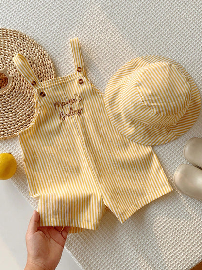 2pcs/Set Unisex Baby Clothes, Baby Boy Baby Girl Summer Casual Cute Yellow Plaid Overalls And Yellow Plaid Bucket Hat, Overalls Set, Plaid Set, Cute Overalls