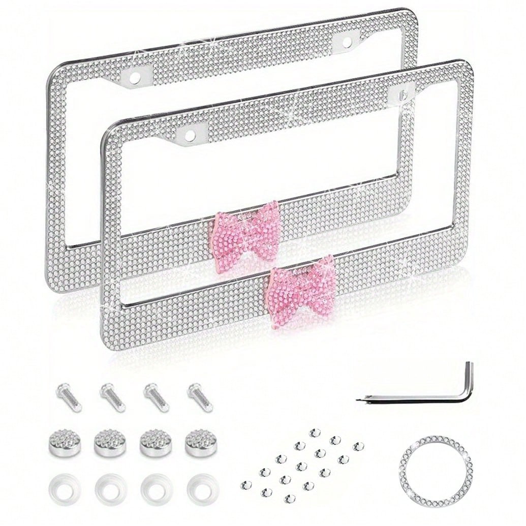 2PCS Stainless Steel License Plate Frames, Pre-Drilled US Standard Size, Scratch-Resistant & Weatherproof (White/Pink/Black), Custom Car Decor Accessories, Stylish Plate Protector, Practical Gift For