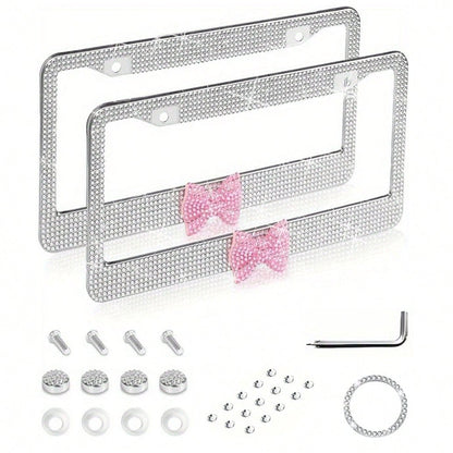 2PCS Stainless Steel License Plate Frames, Pre-Drilled US Standard Size, Scratch-Resistant & Weatherproof (White/Pink/Black), Custom Car Decor Accessories, Stylish Plate Protector, Practical Gift For