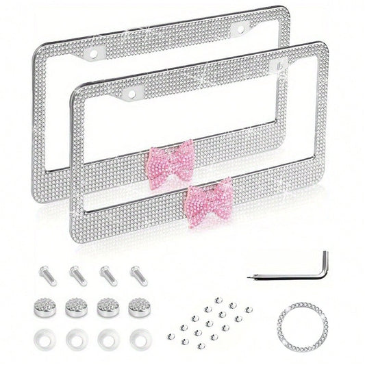 2PCS Stainless Steel License Plate Frames, Pre-Drilled US Standard Size, Scratch-Resistant & Weatherproof (White/Pink/Black), Custom Car Decor Accessories, Stylish Plate Protector, Practical Gift For