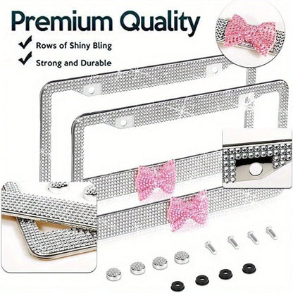 2PCS Stainless Steel License Plate Frames, Pre-Drilled US Standard Size, Scratch-Resistant & Weatherproof (White/Pink/Black), Custom Car Decor Accessories, Stylish Plate Protector, Practical Gift For