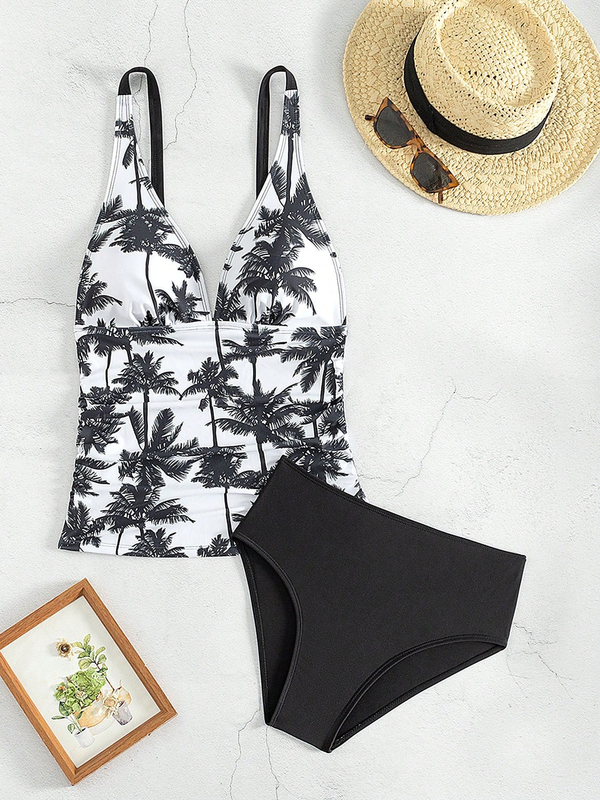 2pcs Summer Tankini Swimsuit Set, Featuring Abdominal Control, Adjustable Straps, Floral Print, Sexy Beach Vacation High Waisted Triangle Bottoms