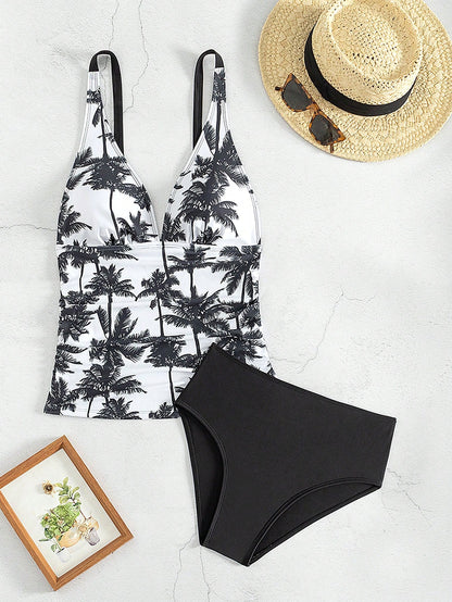2pcs Summer Tankini Swimsuit Set, Featuring Abdominal Control, Adjustable Straps, Floral Print, Sexy Beach Vacation High Waisted Triangle Bottoms