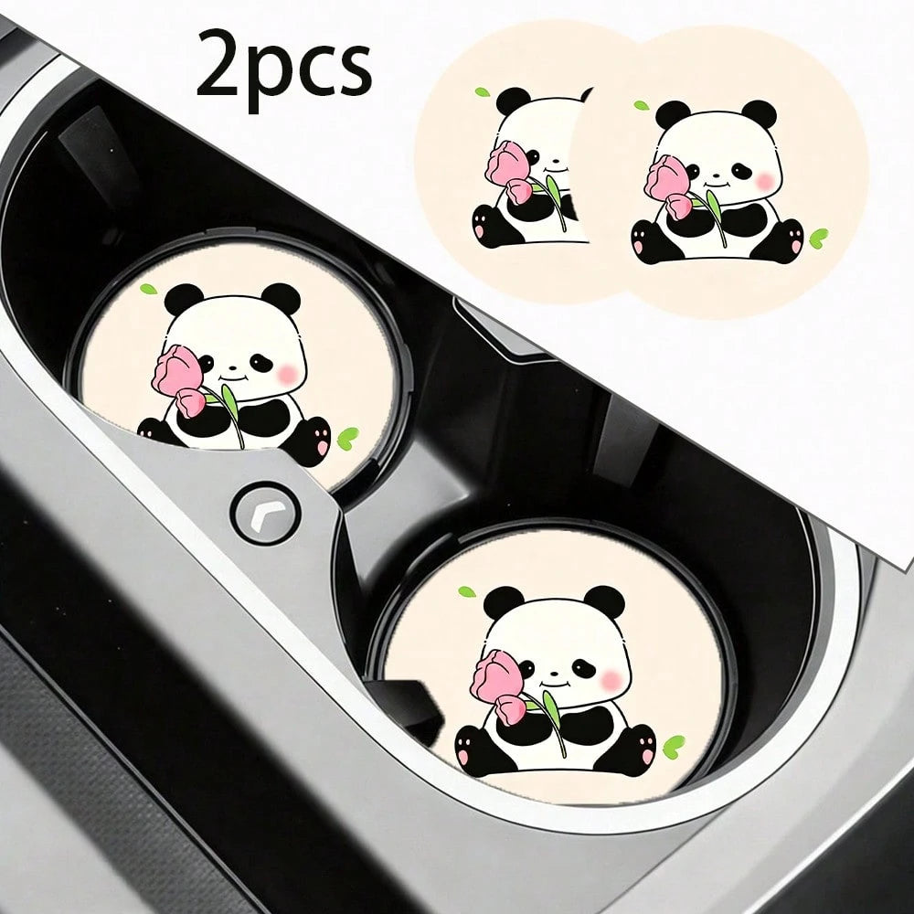 2pcs Tulip & Red Panda Print Non-Slip Car Cup Holder Coasters, Fashionable Home & Office Water Cup Coasters, Suitable As Small Gifts For Friends On Birthdays, Parties And Anniversaries