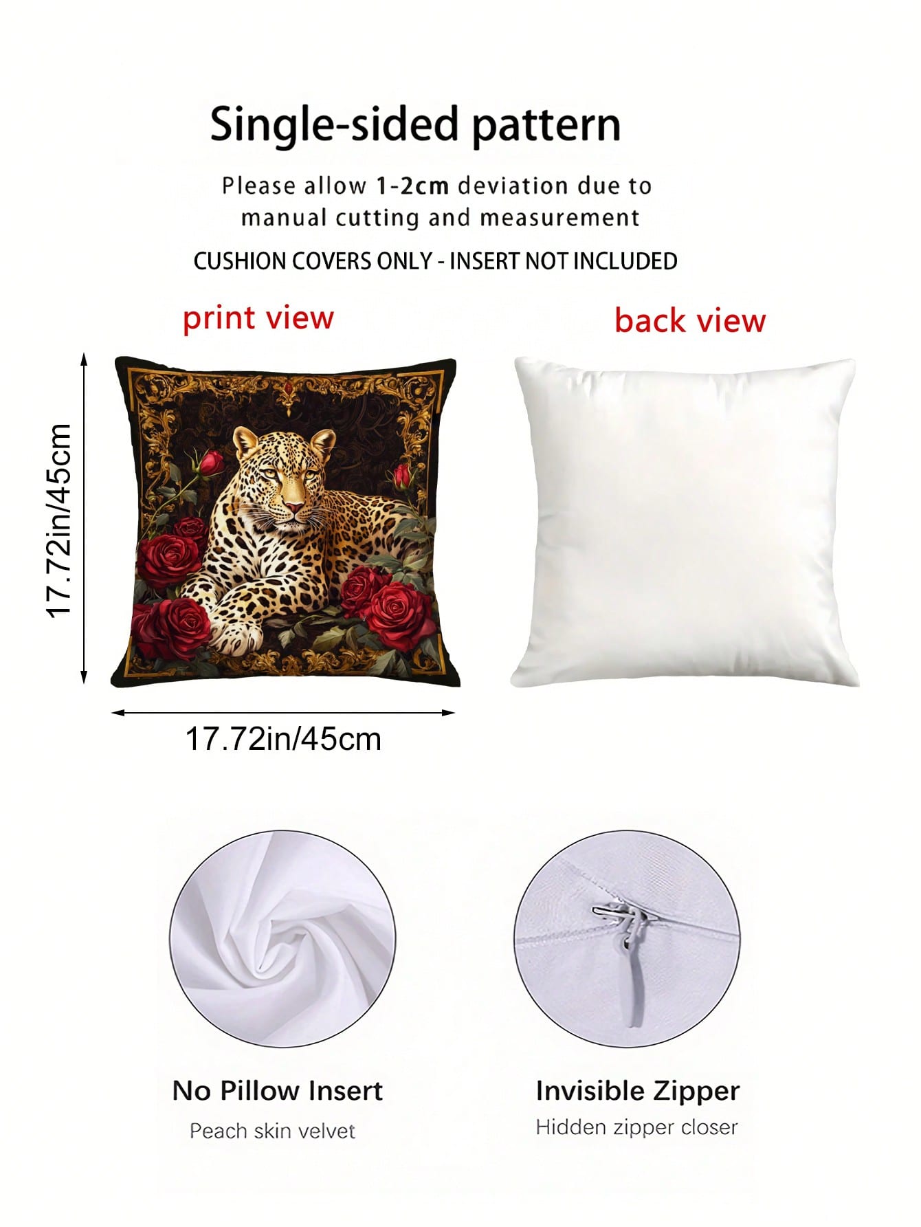 2pcs Vintage Black & Gold Leopard Red Rose Throw Pillow Covers, American Luxury Style Polyester Square Single-Sided Printed Zipper Closure Cushion Covers, Suitable For Sofa, Bedroom, Balcony, Car Deco