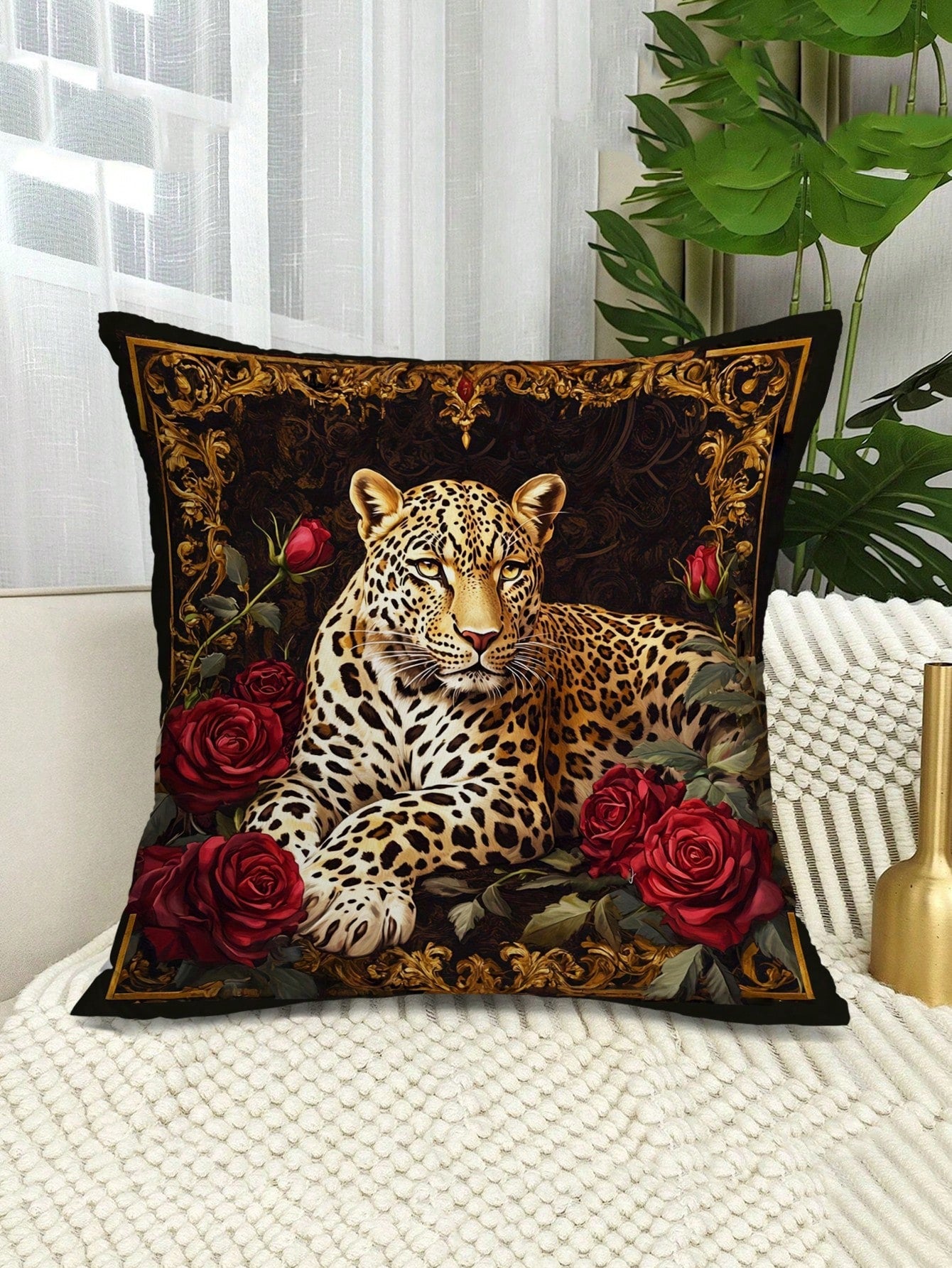 2pcs Vintage Black & Gold Leopard Red Rose Throw Pillow Covers, American Luxury Style Polyester Square Single-Sided Printed Zipper Closure Cushion Covers, Suitable For Sofa, Bedroom, Balcony, Car Deco