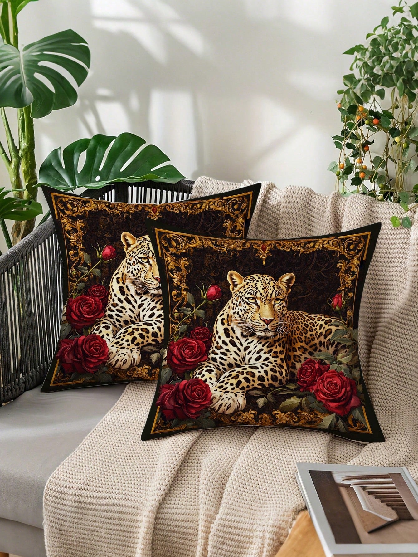 2pcs Vintage Black & Gold Leopard Red Rose Throw Pillow Covers, American Luxury Style Polyester Square Single-Sided Printed Zipper Closure Cushion Covers, Suitable For Sofa, Bedroom, Balcony, Car Deco