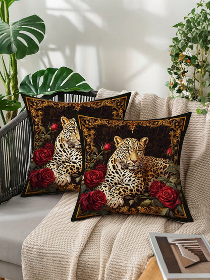 2pcs Vintage Black & Gold Leopard Red Rose Throw Pillow Covers, American Luxury Style Polyester Square Single-Sided Printed Zipper Closure Cushion Covers, Suitable For Sofa, Bedroom, Balcony, Car Deco