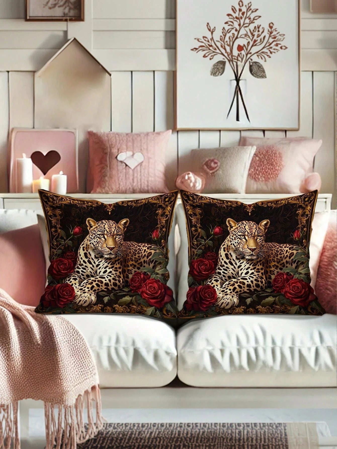 2pcs Vintage Black & Gold Leopard Red Rose Throw Pillow Covers, American Luxury Style Polyester Square Single-Sided Printed Zipper Closure Cushion Covers, Suitable For Sofa, Bedroom, Balcony, Car Deco