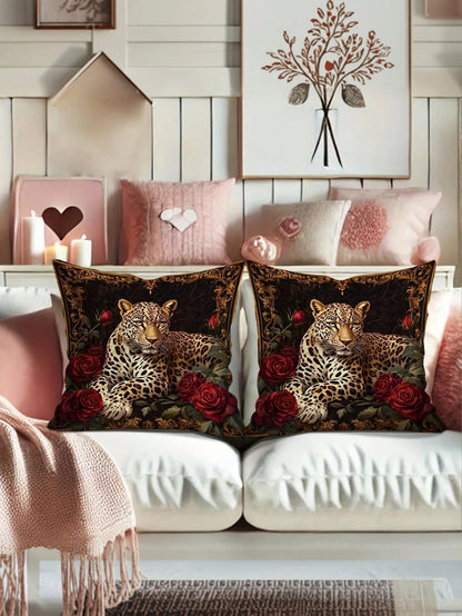 2pcs Vintage Black & Gold Leopard Red Rose Throw Pillow Covers, American Luxury Style Polyester Square Single-Sided Printed Zipper Closure Cushion Covers, Suitable For Sofa, Bedroom, Balcony, Car Deco