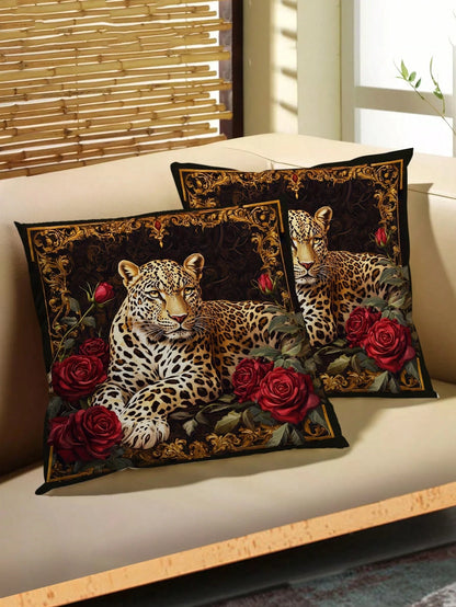 2pcs Vintage Black & Gold Leopard Red Rose Throw Pillow Covers, American Luxury Style Polyester Square Single-Sided Printed Zipper Closure Cushion Covers, Suitable For Sofa, Bedroom, Balcony, Car Deco