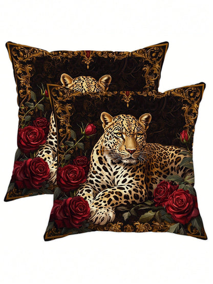 2pcs Vintage Black & Gold Leopard Red Rose Throw Pillow Covers, American Luxury Style Polyester Square Single-Sided Printed Zipper Closure Cushion Covers, Suitable For Sofa, Bedroom, Balcony, Car Deco