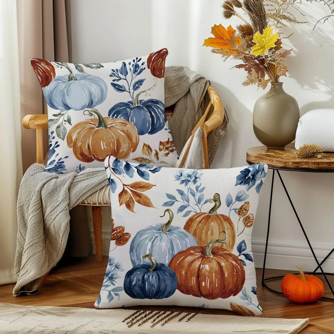 2pcs Watercolor Pumpkin Print Polyester Pillow Covers [No Pillow Insert], 17.7*17.7in(45*45cm)/19.69*19.69in(50*50cm)/15.75*15.75in(40*40cm), [Single-Sided Printing] Autumn Decorative Throw Pillow Cov