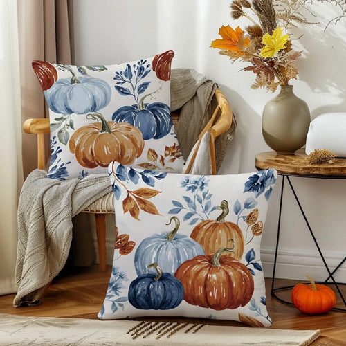 2pcs Watercolor Pumpkin Print Polyester Pillow Covers [No Pillow Insert], 17.7*17.7in(45*45cm)/19.69*19.69in(50*50cm)/15.75*15.75in(40*40cm), [Single-Sided Printing] Autumn Decorative Throw Pillow Cov