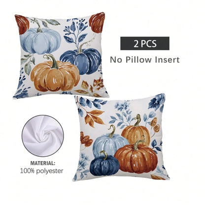 2pcs Watercolor Pumpkin Print Polyester Pillow Covers [No Pillow Insert], 17.7*17.7in(45*45cm)/19.69*19.69in(50*50cm)/15.75*15.75in(40*40cm), [Single-Sided Printing] Autumn Decorative Throw Pillow Cov