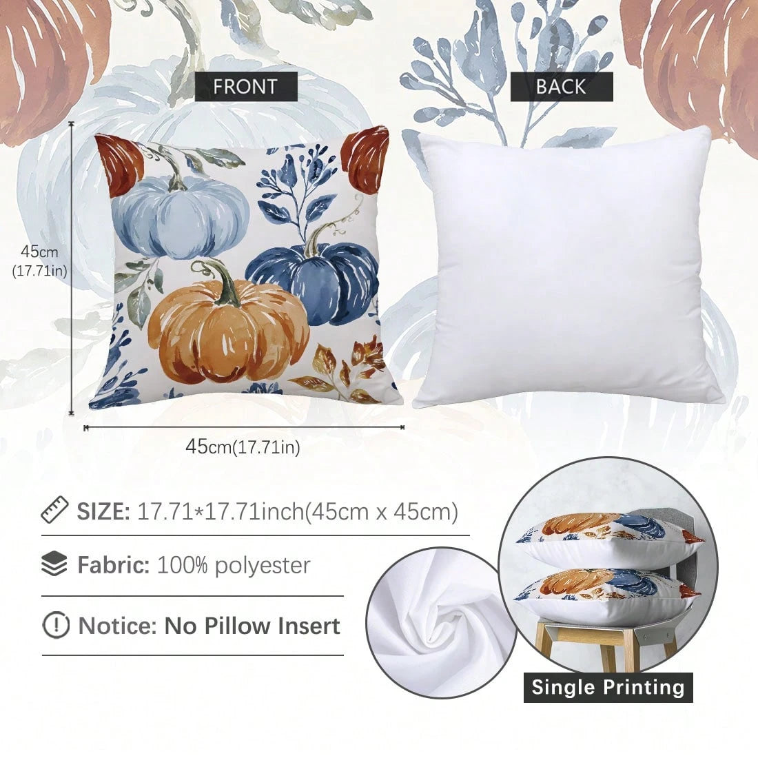 2pcs Watercolor Pumpkin Print Polyester Pillow Covers [No Pillow Insert], 17.7*17.7in(45*45cm)/19.69*19.69in(50*50cm)/15.75*15.75in(40*40cm), [Single-Sided Printing] Autumn Decorative Throw Pillow Cov