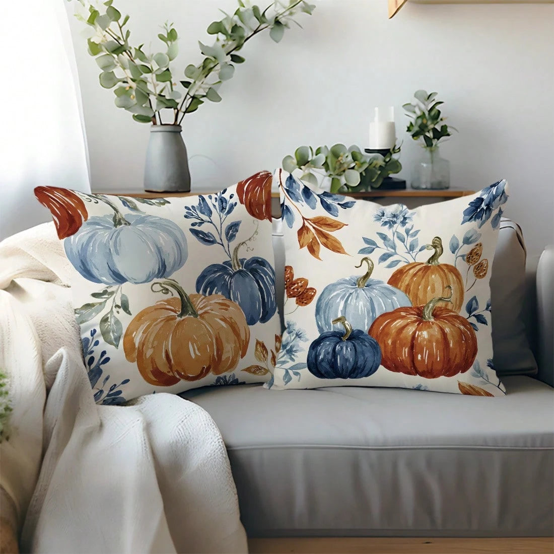 2pcs Watercolor Pumpkin Print Polyester Pillow Covers [No Pillow Insert], 17.7*17.7in(45*45cm)/19.69*19.69in(50*50cm)/15.75*15.75in(40*40cm), [Single-Sided Printing] Autumn Decorative Throw Pillow Cov