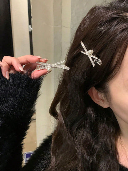 2pcs Women's Fashion Hair Clips: One Metal Crocodile Hair Clip With Rhinestone Decoration, Suitable For Wearing On Forehead Or Side; Can Be Used For Festivals, Parties, Holidays, Daily Wear, And Bohem