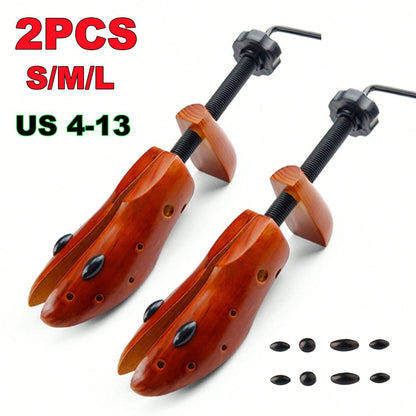 2Pcs Wooden Shoes Stretcher, 2-Way Shoe Tree Adjustable Length & Width Expander Widener, Unisex Wood Shaper For Men And Women, S/M/L (4-13)