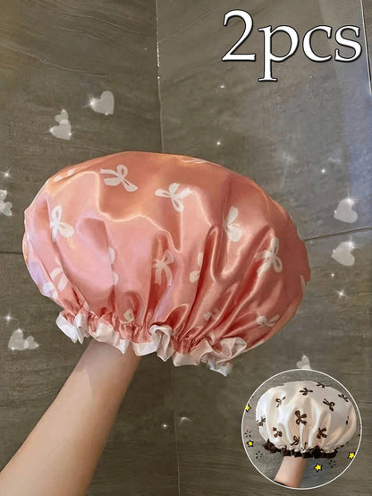 3/2/1Pc Waterproof Double-Layer Bow Shower Cap, Elastic Shower Cap, Adult Kitchen Oil-Proof Cap, Bathroom Hair Drying Cap, Elastic And Adjustable, Suitable For Face Washing, Drying Hair, Makeup, Cooki