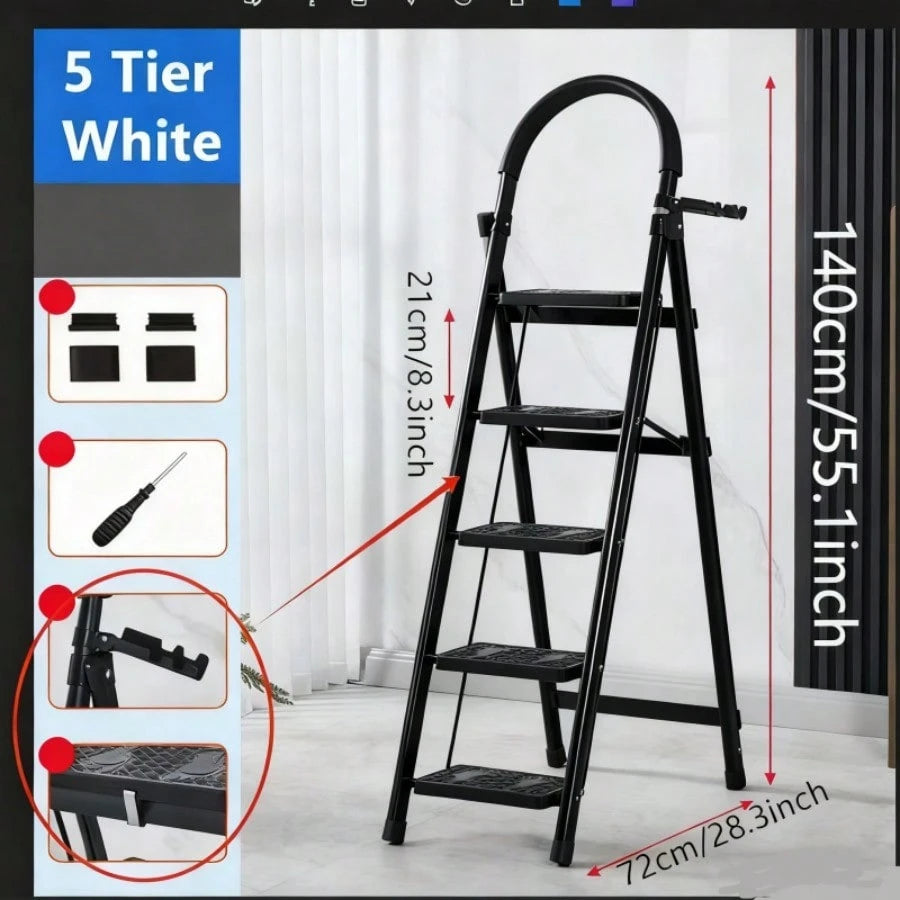 3/4/5-Tier Folding Step Stool (Black/Red/Pink)- Wide Non-Slip Pedals Sturdy Steel Lightweight Portable Step Ladder For Kitchen Home Durable Space-Saving Foot Stool Ideal For Reaching High Cabinets, O