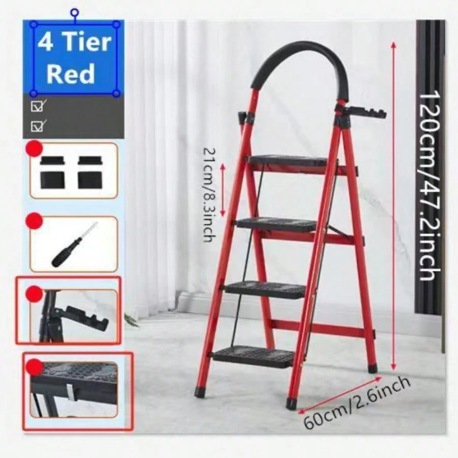 3/4/5-Tier Folding Step Stool (Black/Red/Pink)- Wide Non-Slip Pedals Sturdy Steel Lightweight Portable Step Ladder For Kitchen Home Durable Space-Saving Foot Stool Ideal For Reaching High Cabinets, O