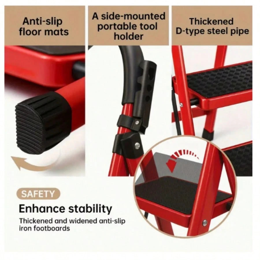 3/4/5-Tier Folding Step Stool (Black/Red/Pink)- Wide Non-Slip Pedals Sturdy Steel Lightweight Portable Step Ladder For Kitchen Home Durable Space-Saving Foot Stool Ideal For Reaching High Cabinets, O