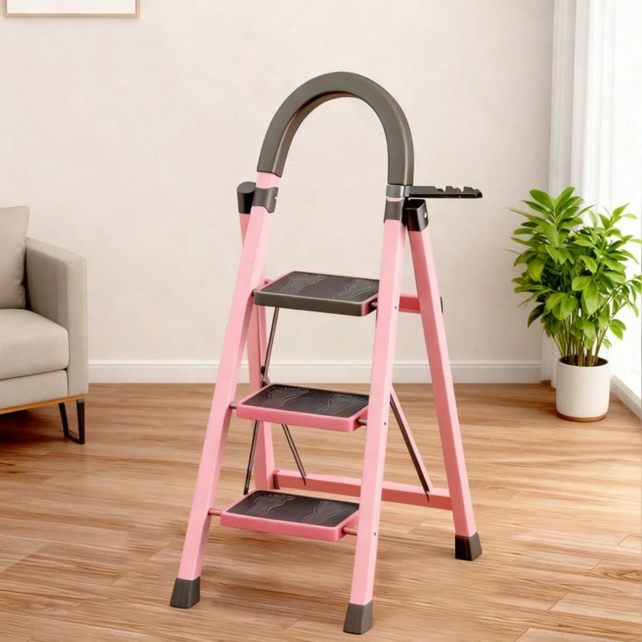 3/4/5-Tier Folding Step Stool (Black/Red/Pink)- Wide Non-Slip Pedals Sturdy Steel Lightweight Portable Step Ladder For Kitchen Home Durable Space-Saving Foot Stool Ideal For Reaching High Cabinets, O