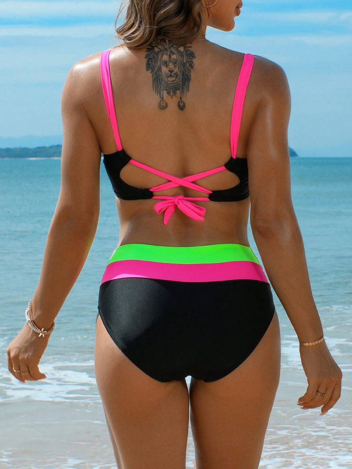 3-Color Patchwork V-Neck Halter Backless Bikini Swim Wear For Women Summer Vacation Beach Black