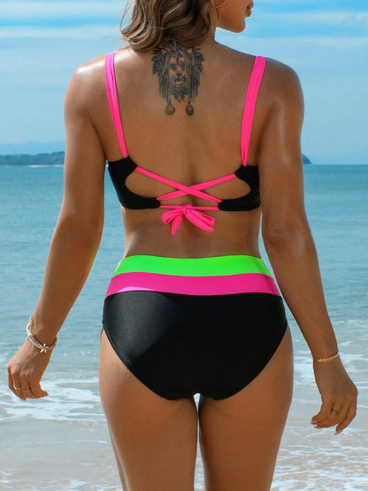 3-Color Patchwork V-Neck Halter Backless Bikini Swim Wear For Women Summer Vacation Beach Black