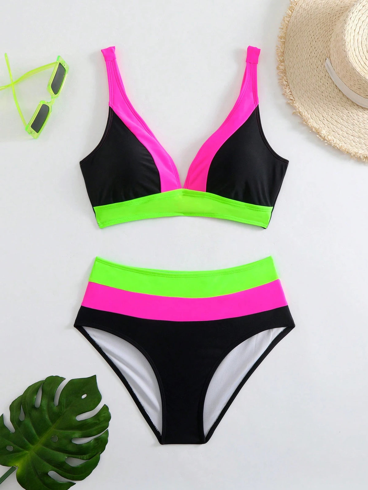 3-Color Patchwork V-Neck Halter Backless Bikini Swim Wear For Women Summer Vacation Beach Black