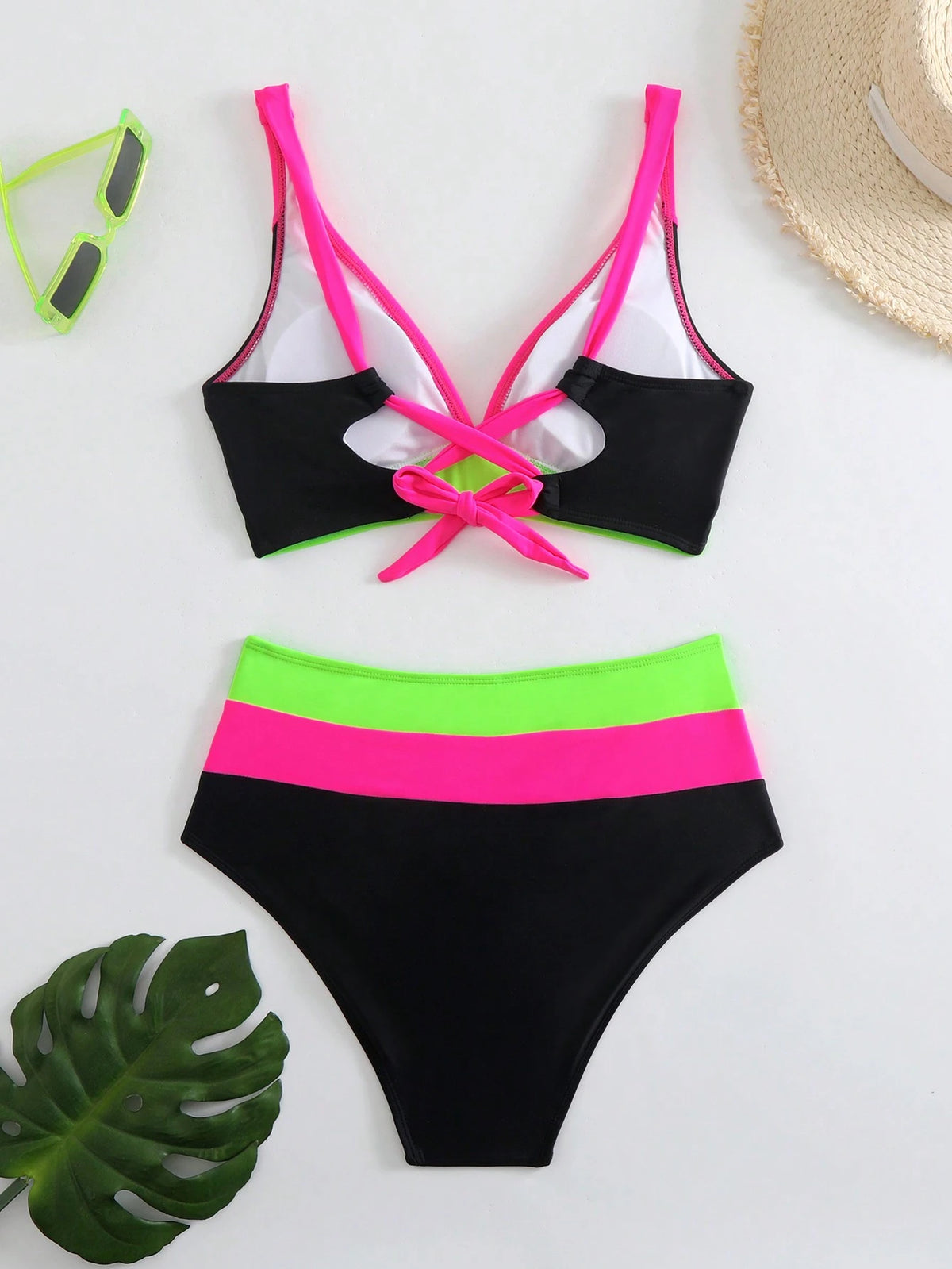 3-Color Patchwork V-Neck Halter Backless Bikini Swim Wear For Women Summer Vacation Beach Black