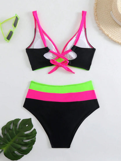3-Color Patchwork V-Neck Halter Backless Bikini Swim Wear For Women Summer Vacation Beach Black