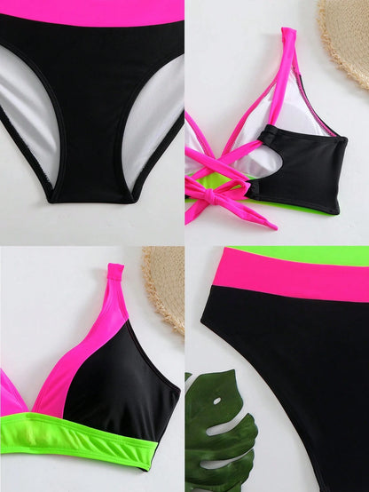 3-Color Patchwork V-Neck Halter Backless Bikini Swim Wear For Women Summer Vacation Beach Black