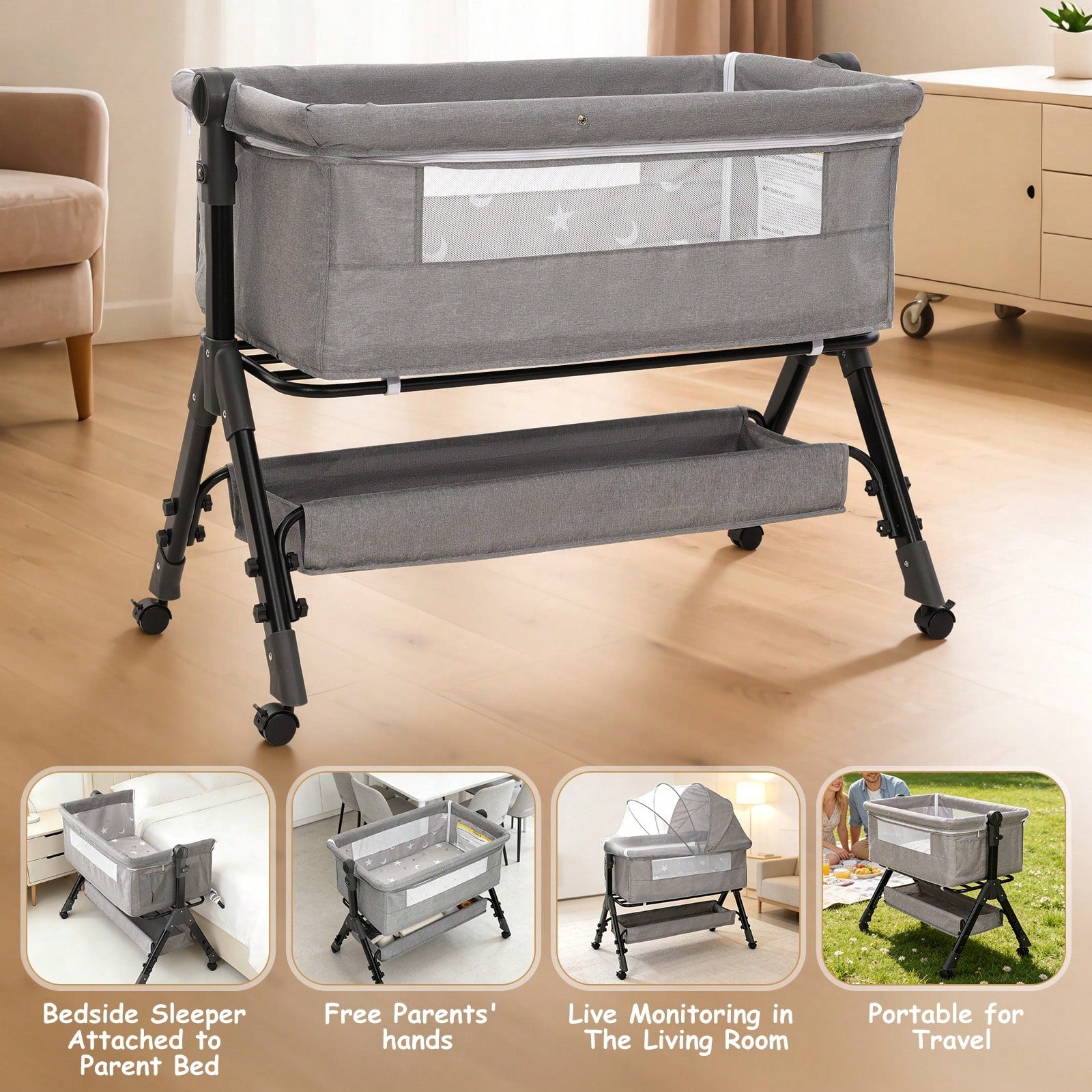 3-In-1 Baby Bassinet Bedside Sleeper, Convertible Baby Crib With Rocking Mode, Wheels And Adjustable Height,Storage Basket And Removable Mosquito Net