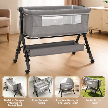3-In-1 Baby Bassinet Bedside Sleeper, Convertible Baby Crib With Rocking Mode, Wheels And Adjustable Height,Storage Basket And Removable Mosquito Net