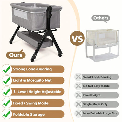3-In-1 Baby Bassinet Bedside Sleeper, Convertible Baby Crib With Rocking Mode, Wheels And Adjustable Height,Storage Basket And Removable Mosquito Net