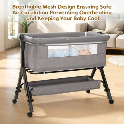 3-In-1 Baby Bassinet Bedside Sleeper, Convertible Baby Crib With Rocking Mode, Wheels And Adjustable Height,Storage Basket And Removable Mosquito Net
