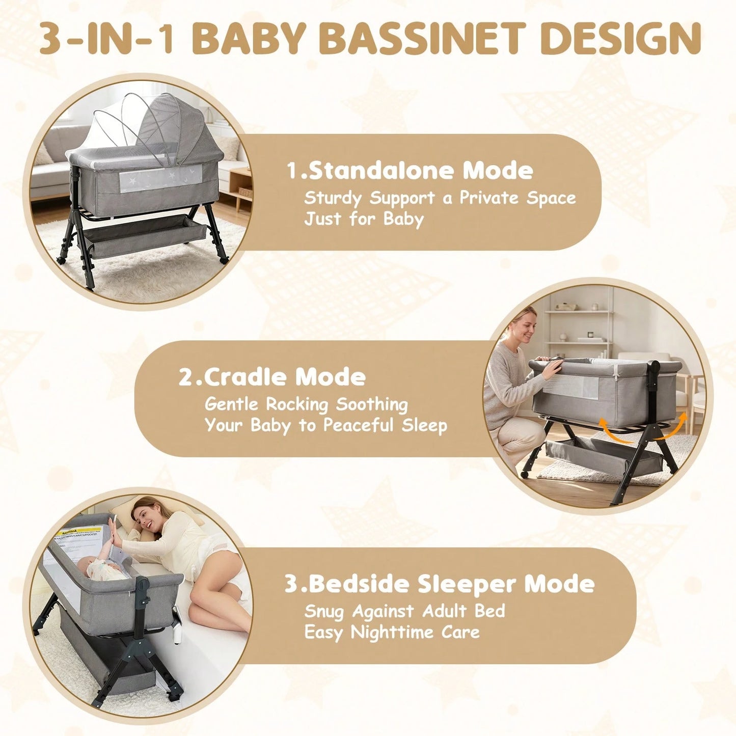 3-In-1 Baby Bassinet Bedside Sleeper, Convertible Baby Crib With Rocking Mode, Wheels And Adjustable Height,Storage Basket And Removable Mosquito Net