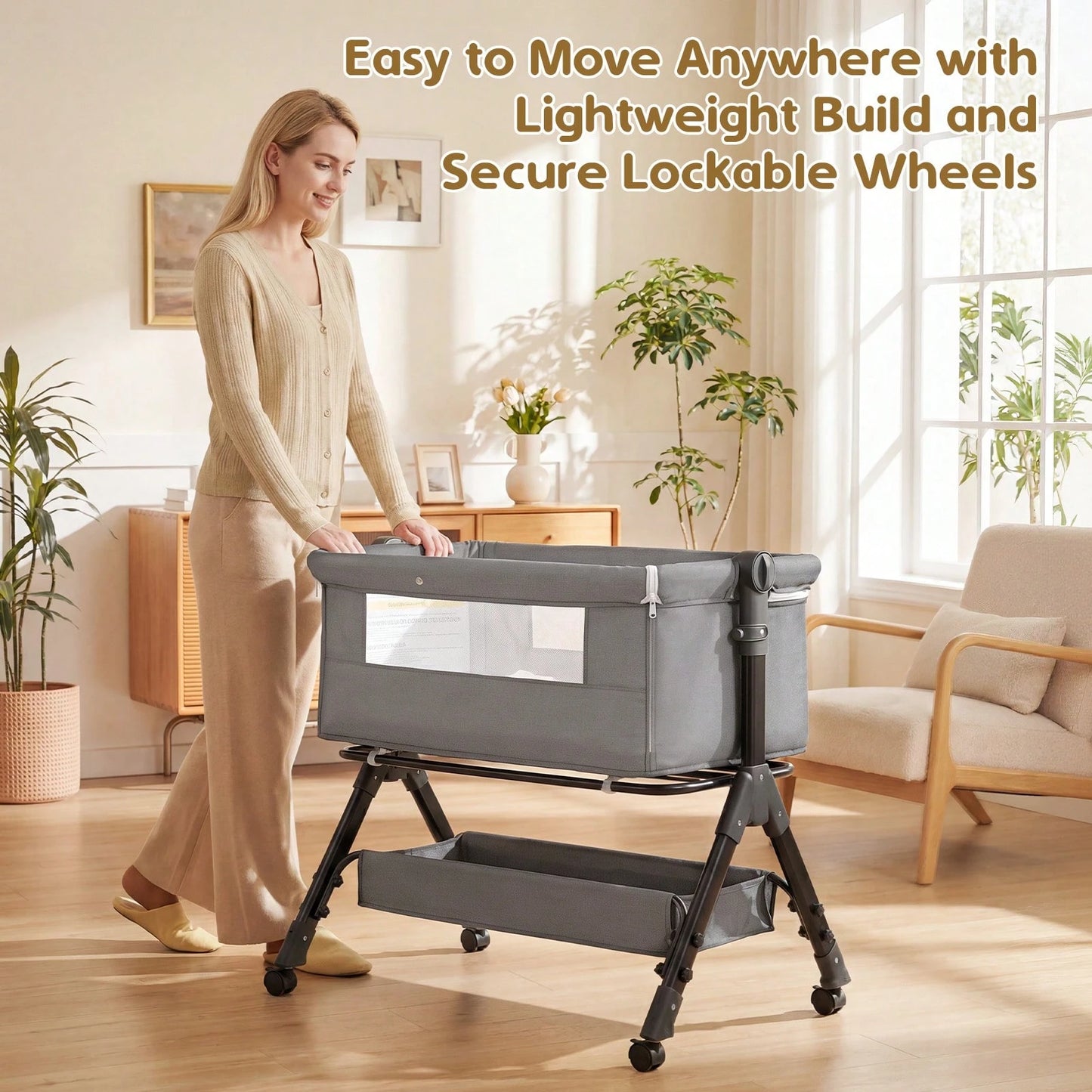 3-In-1 Baby Bassinet Bedside Sleeper, Convertible Baby Crib With Rocking Mode, Wheels And Adjustable Height,Storage Basket And Removable Mosquito Net