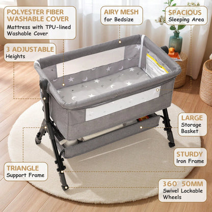 3-In-1 Baby Bassinet Bedside Sleeper, Convertible Baby Crib With Rocking Mode, Wheels And Adjustable Height,Storage Basket And Removable Mosquito Net